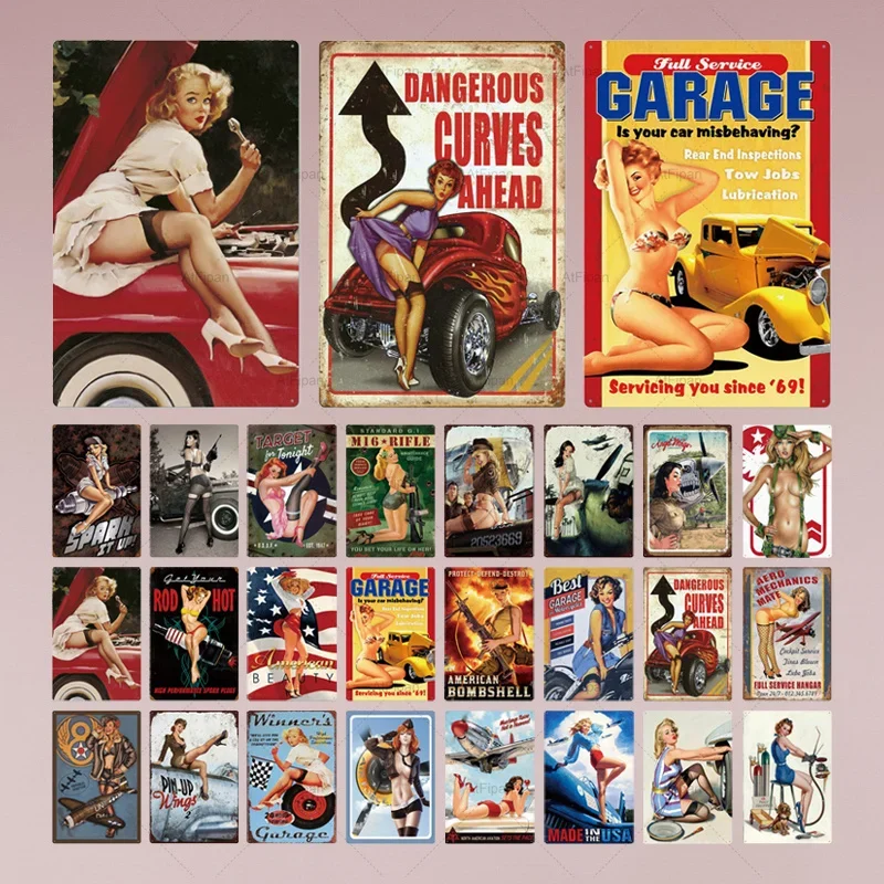 

Pin Up Girl Tin Sign Plaque Metal Vintage Sexy Metal Sign Wall Decor for Bar Pub Club Man Cave Retro Signs Metal Painting