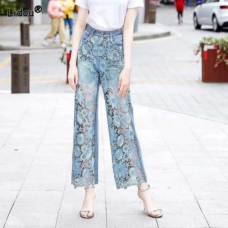 Spring Summer Lace Hollow Out Wide Leg Pants High Waist Lmitation Denim Ankle-length Pants Casual Button Fly Women's Clothing