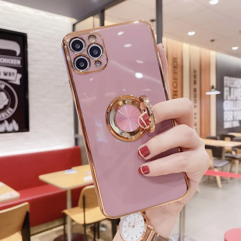 

Case with Ring Holder Silicone Shockproof Gold Edge Luxury Designer Girls Women Soft Protective iPhone Cover