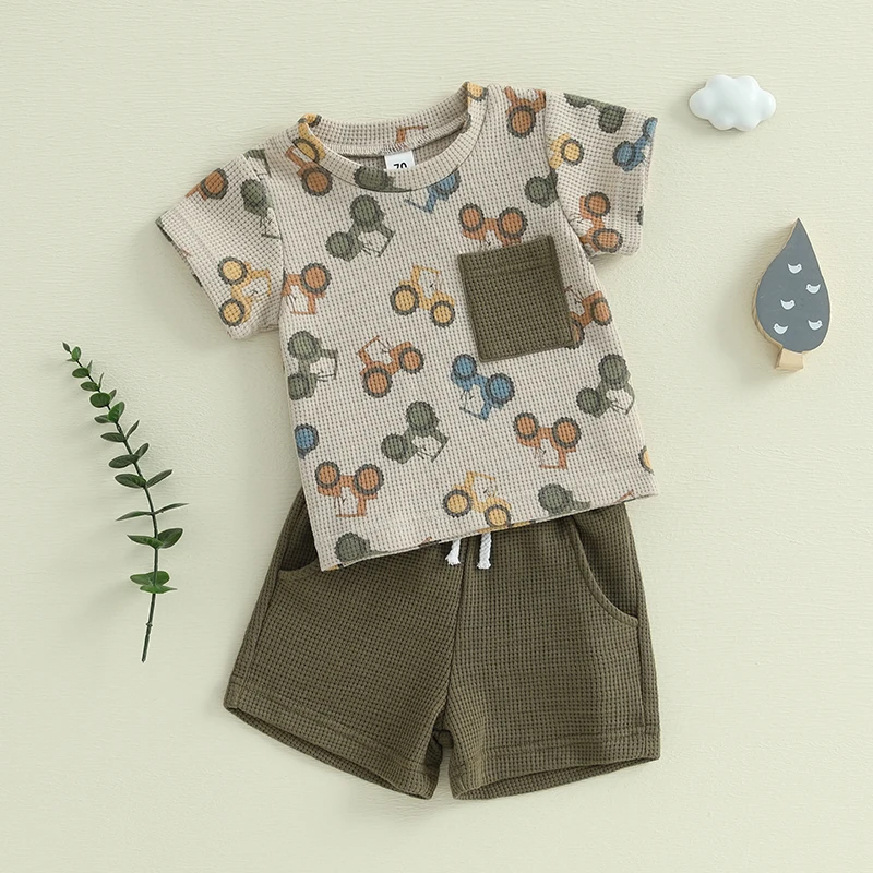 FOCUSNORM Summer Casual Baby Boys Clothes Sets 0-3Y Tractor Print Pocket Patchwork Waffle Short Sleeve T-shirts Solid Shorts