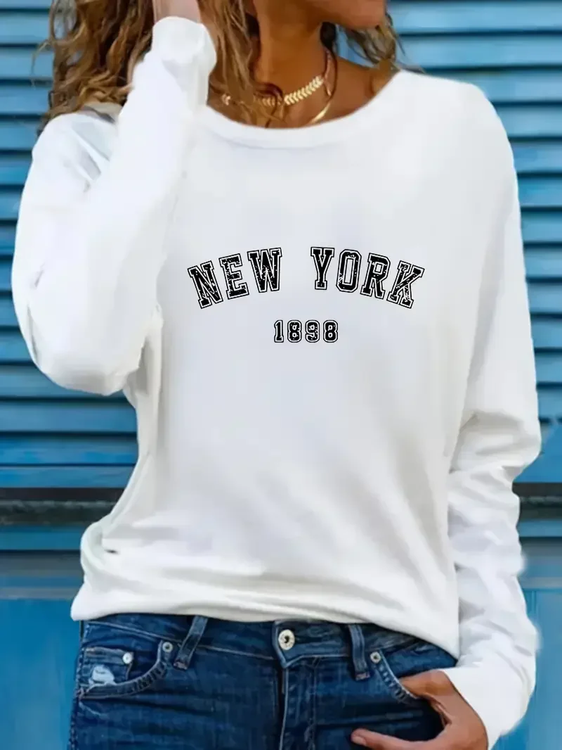 90s Casual Crew Neck T-Shirt New York Letter Print 90s Long Sleeve Crew Neck T Shirt for Women Y2k Top Tee 1