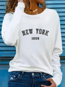 90s Casual Crew Neck T-Shirt New York Letter Print 90s Long Sleeve Crew Neck T Shirt for Women Y2k Top Tee 1
