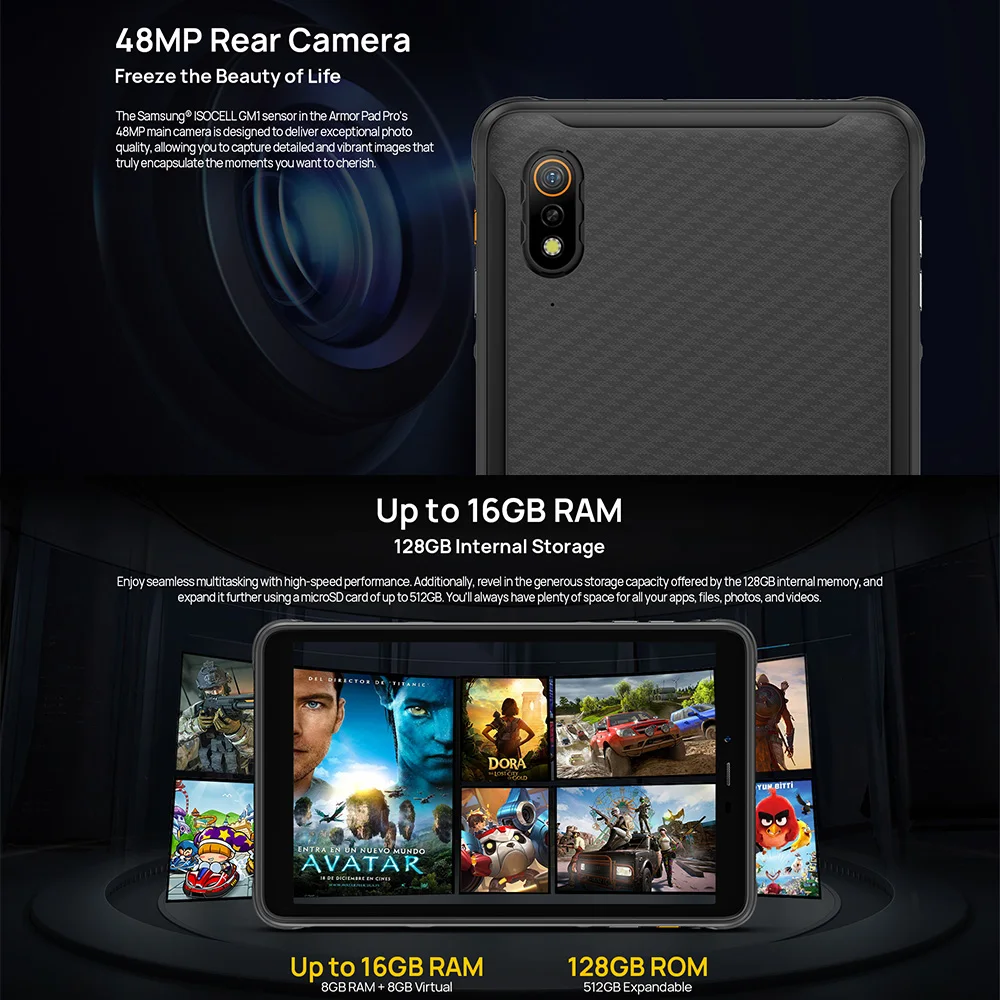 Ulefone Armor Pad Pro,16 Гб+128 Гб,NFC Rugged Tablet,7650 мАч,IP68/IP69K,Stereo Dual Speakers,32MP Camera,8.0 Inch HD+Display 4