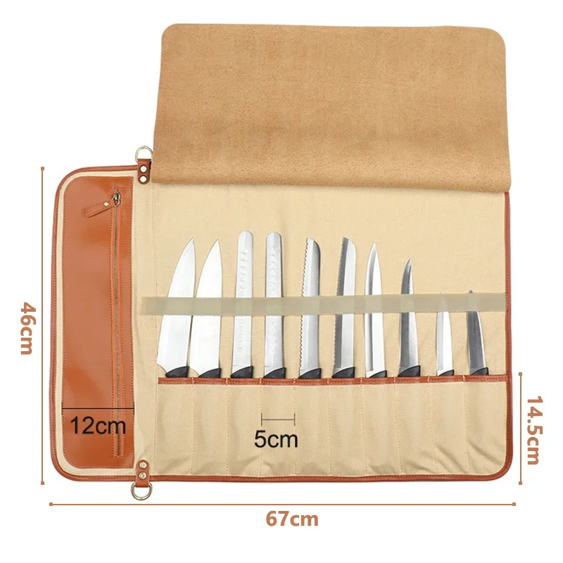 Professional Leather Chef Knife Bag Roll Bag Cleaver Slicer Santoku Storage Pocket Organizer Outdoor BBQ Work Knives Carry Case 4