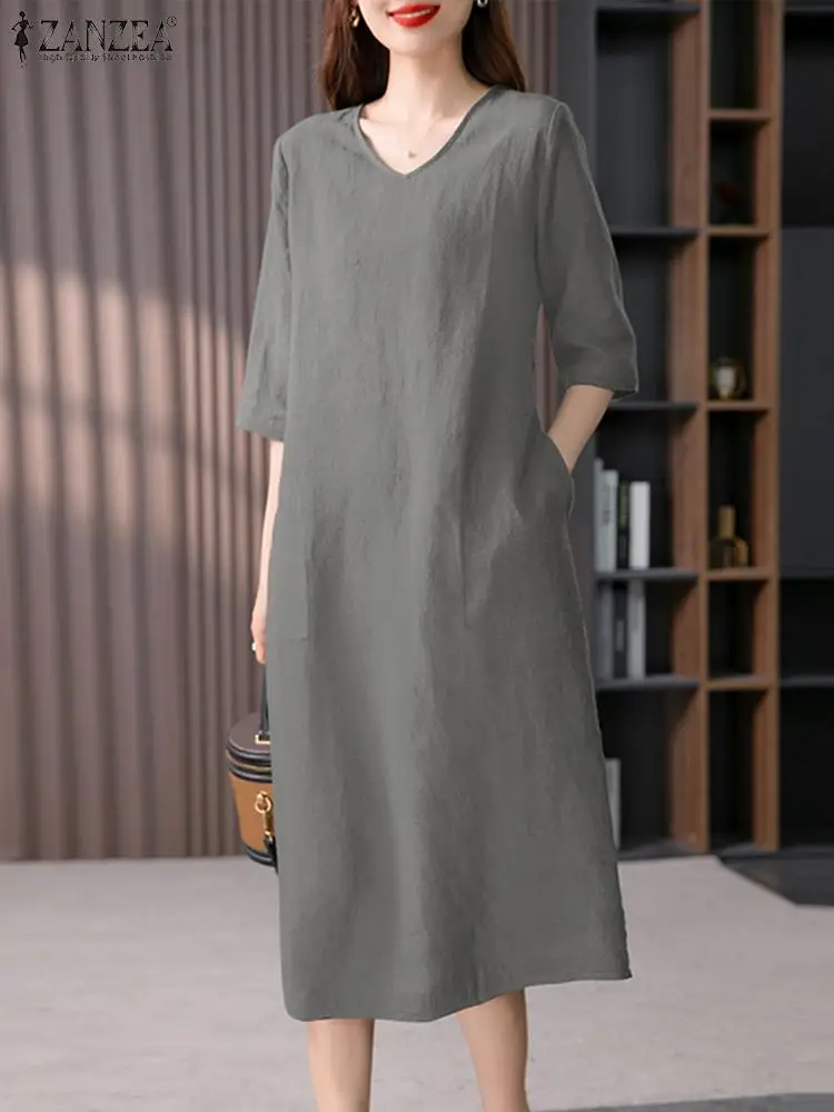 

ZANZEA Summer Holiday Loose Sundress Woman Elegant Solid Dress Female 3/4 Sleeve V Neck Robe Fashion Cotton Vestidos Oversized
