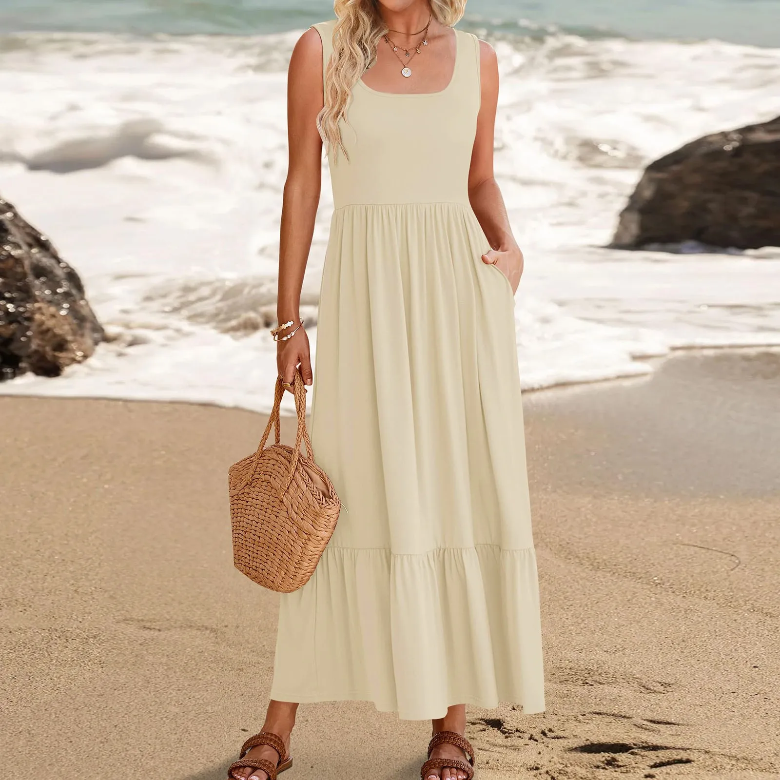 

Женское летнее платье из газовой ткани, однотонное длинное пляжное платье без рукавов с разрезом по бокам, сарафан, 2024