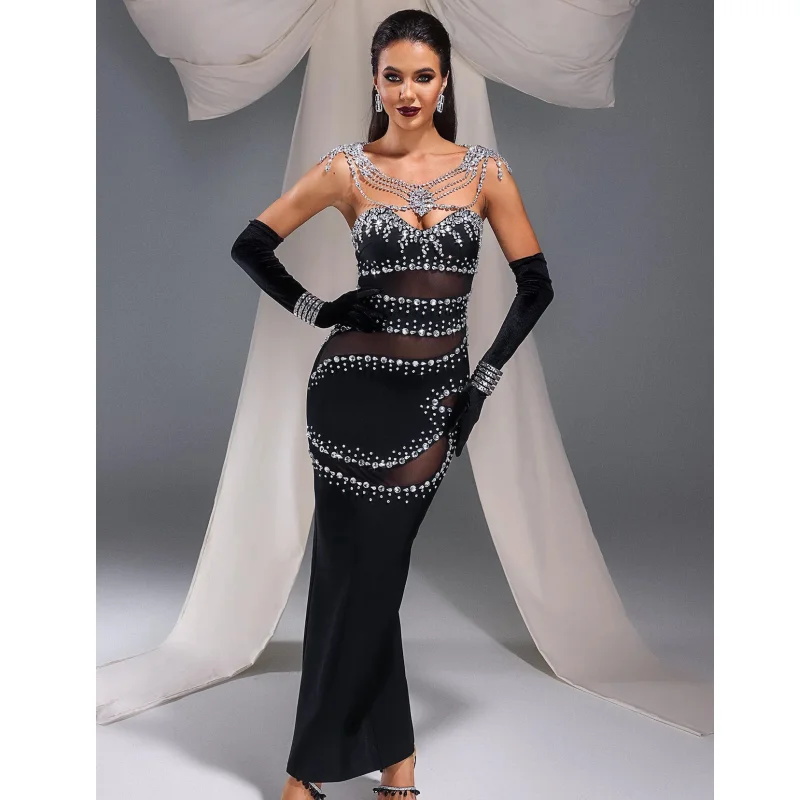 

Блестящее длинное Сетчатое Прозрачное платье со стразами, модное сексуальное женское вечернее платье, платье богини красной ковровой дорожки