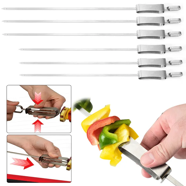 Bbq Nyársai Hosszú, Lapos Kebob Nyárs Grillezésére Push Rudat Újrafelhasználható Grill -Grill Botok Tartozékok