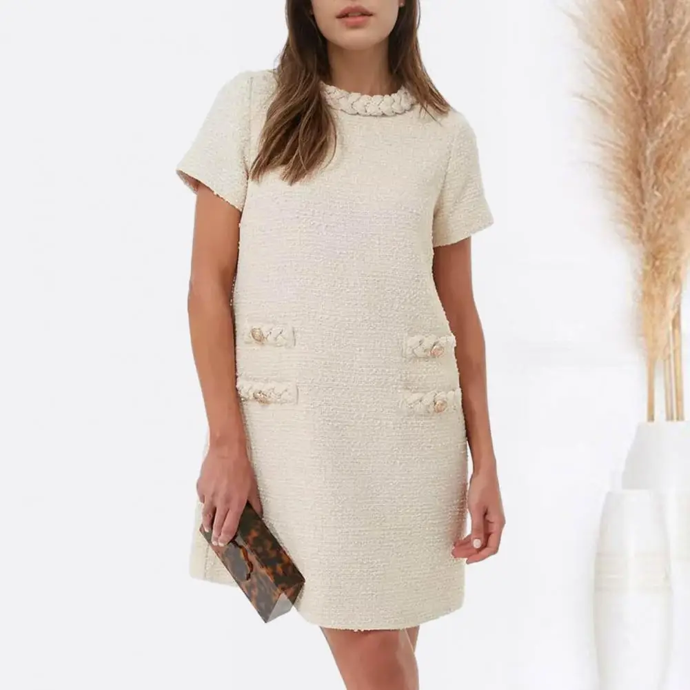 A-Line Striped Vintage Buttons Short Sleeve Summer Dress High Waist Women Clothing Patchwork Dresses