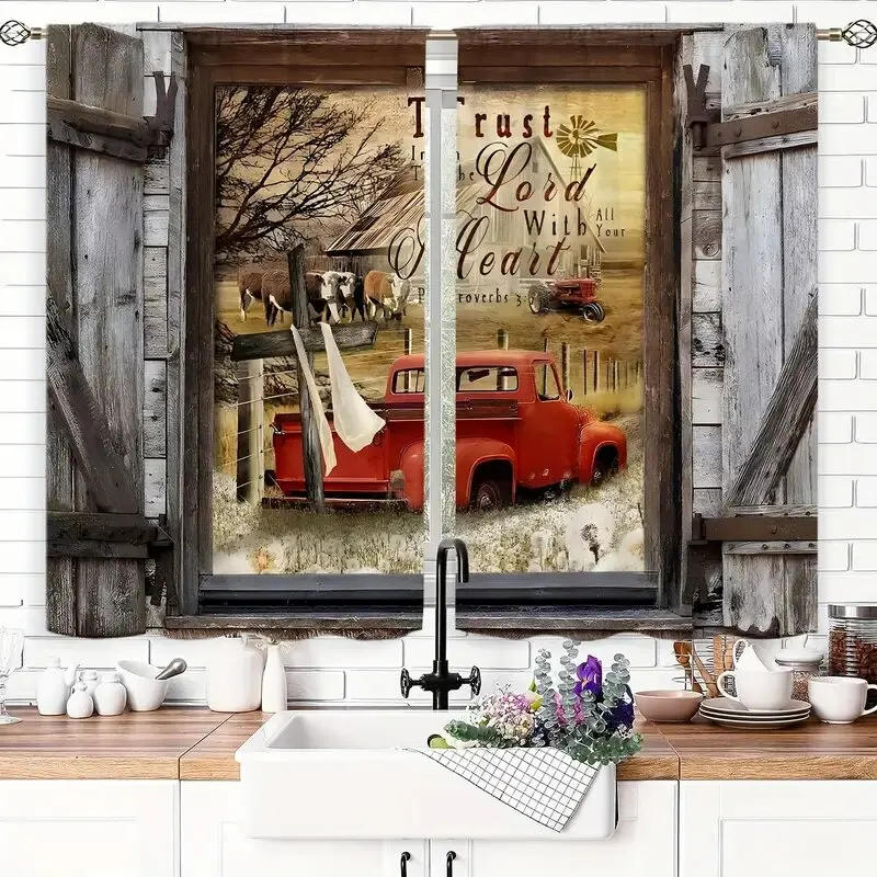 ستائر مطبوعة بنمط شاحنة حمراء قديمة، وديكورات النو...