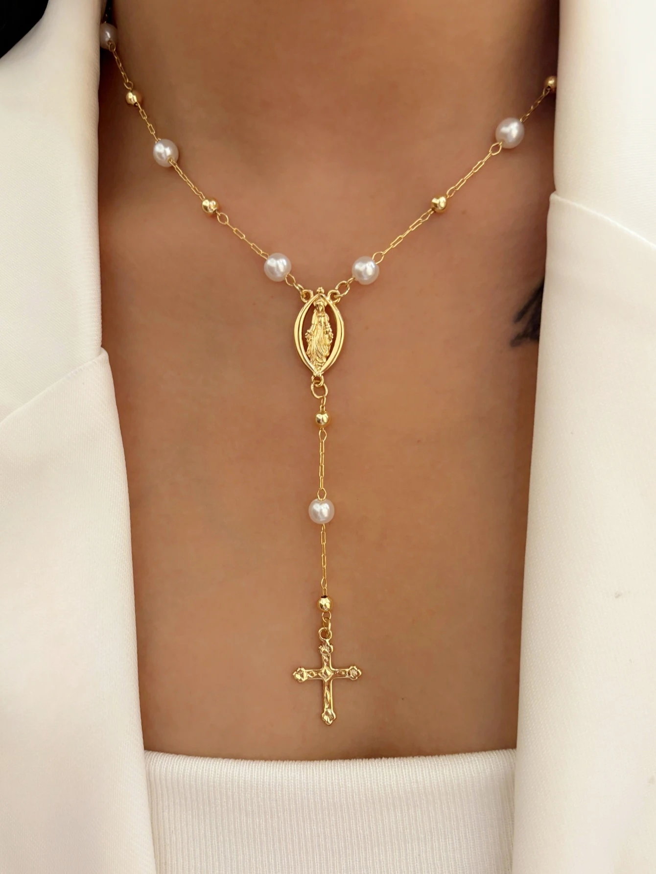 Gold Imitation Pearl Religious Y-Shaped Necklace