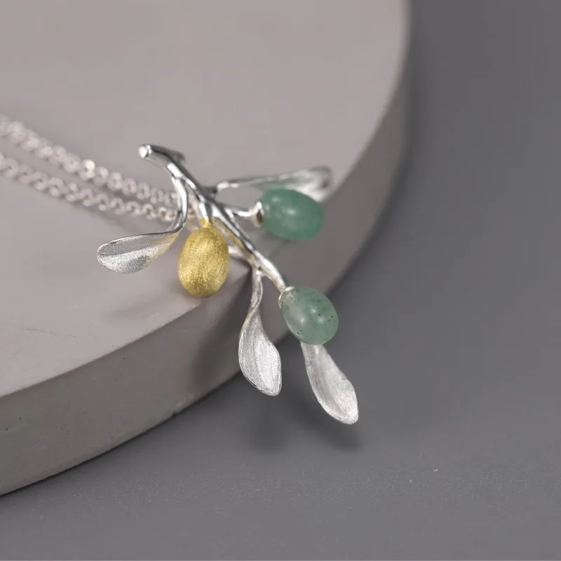 Aventurine Olive Tree Branch Silver Necklace
