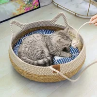 Lit tissé quatre saisons pour chat, rembourrage amovible, maison de couchage, sol à gratter, en rotin, résistant à l'usure, lavable, fournitures pour animaux de compagnie 2
