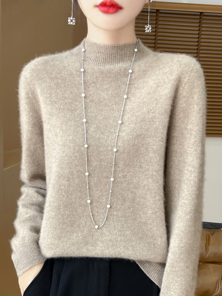 588969-8ade63.jpg Fashion 100% Wool Sweater Women's Mock-Neck Knitwear Cashmere Pullovers Autumn Winter Long Sleeve Jumpers Clothing Tops - Image 1
