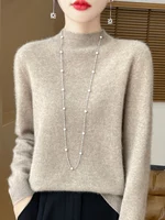 Fashion 100% Wool Sweater Women's Mock-Neck Knitwear Cashmere Pullovers Autumn Winter Long Sleeve Jumpers Clothing Tops