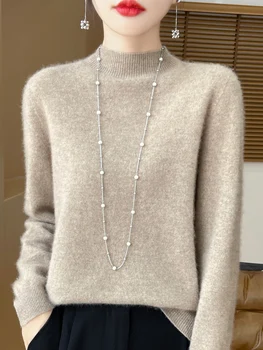 Fashion 100% Wool Sweater Women's Mock-Neck Knitwear Cashmere Pullovers Autumn Winter Long Sleeve Jumpers Clothing Tops 1