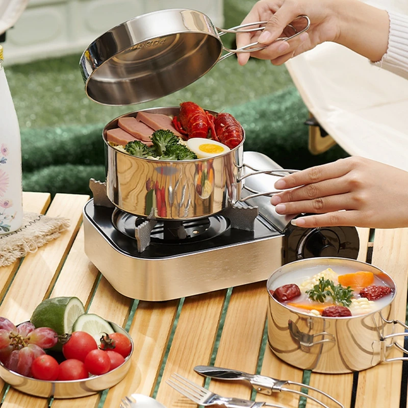 Non Stick Cookware Set 2PCS/SET Stainless Steel Cookware Kit Cooking Pot and Pan Set with Plates Cups for Outdoor Camping Backpacking