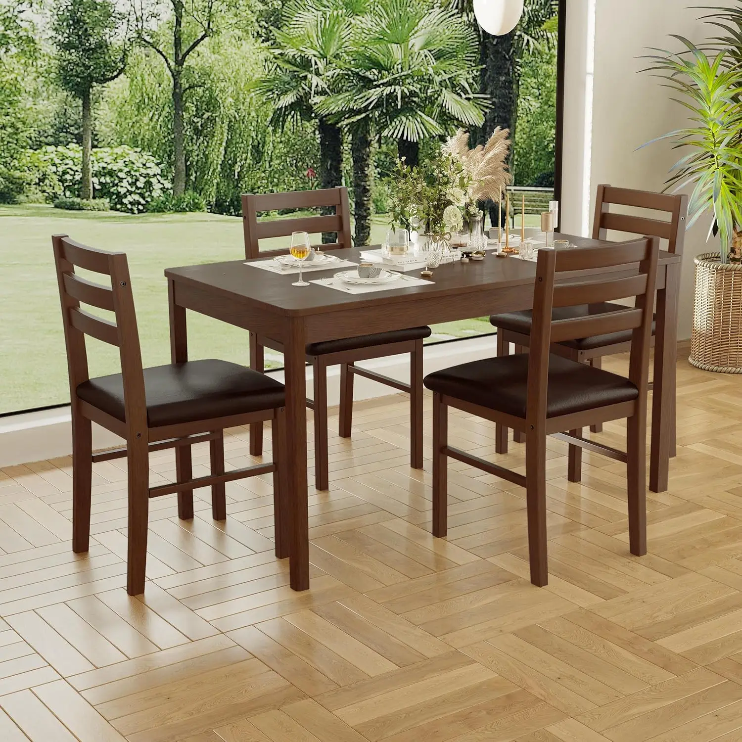 5-Piece Solid Wood Indoor Modern Rectangular Dining Table Set for 4,Table and 4 Chairs Set with PU Leather Cushion
