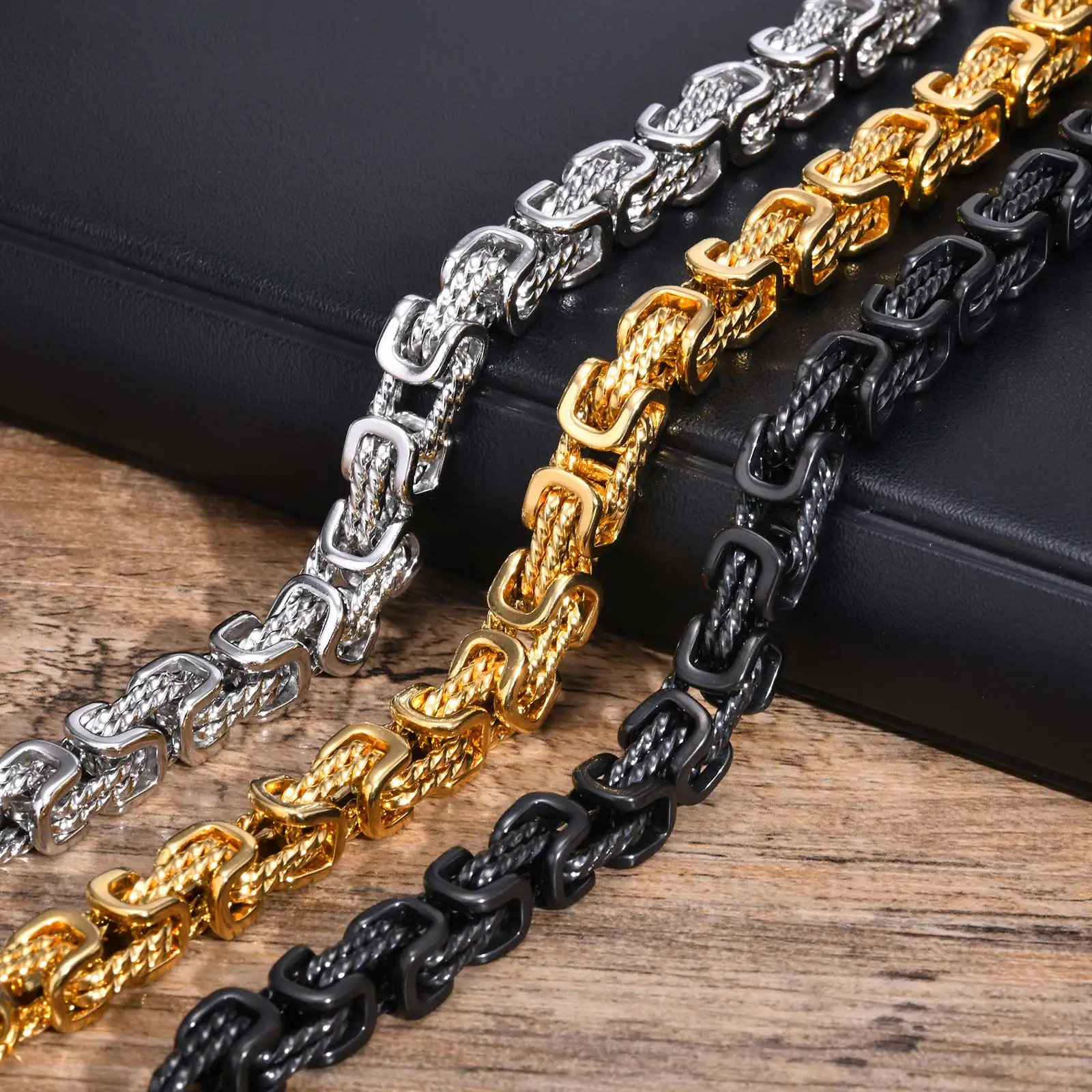8mm Vintage Byzantine Bracelets for Men Oxidized Bold Square Links Chain Wristband Viking Punk Father's Day Gift to Dad