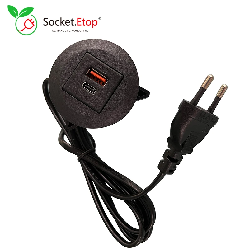 18W USB(A+C) Desktop Grommet Charger With US/EU Plug ABS Flame Retardant Type-C Charging Port Furniture