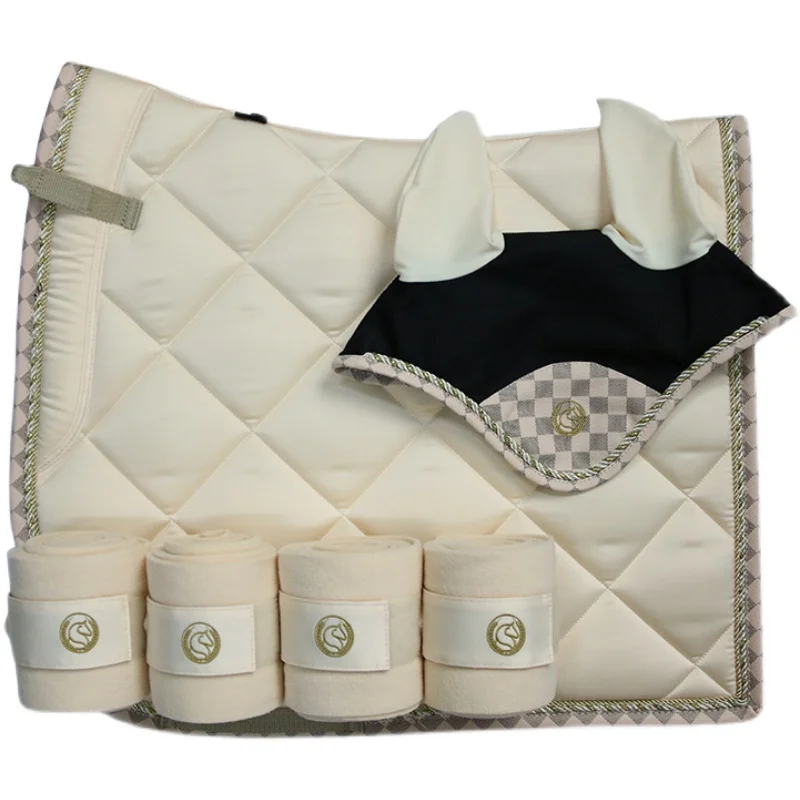 Harness Beige Chessboard Plaid Obstacle Horse Sweat Pad Horse Leggings Leg Guard Earmuffs Suit