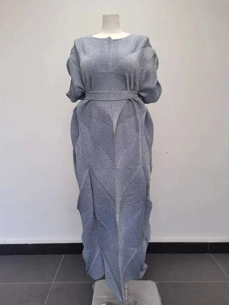 LANMREM Women's Pleated Dress Fashionable Loose Elegant Rondun Collar Short Sleeve Long Dresses With Belt 2025 New 2DB2626 - Image 3