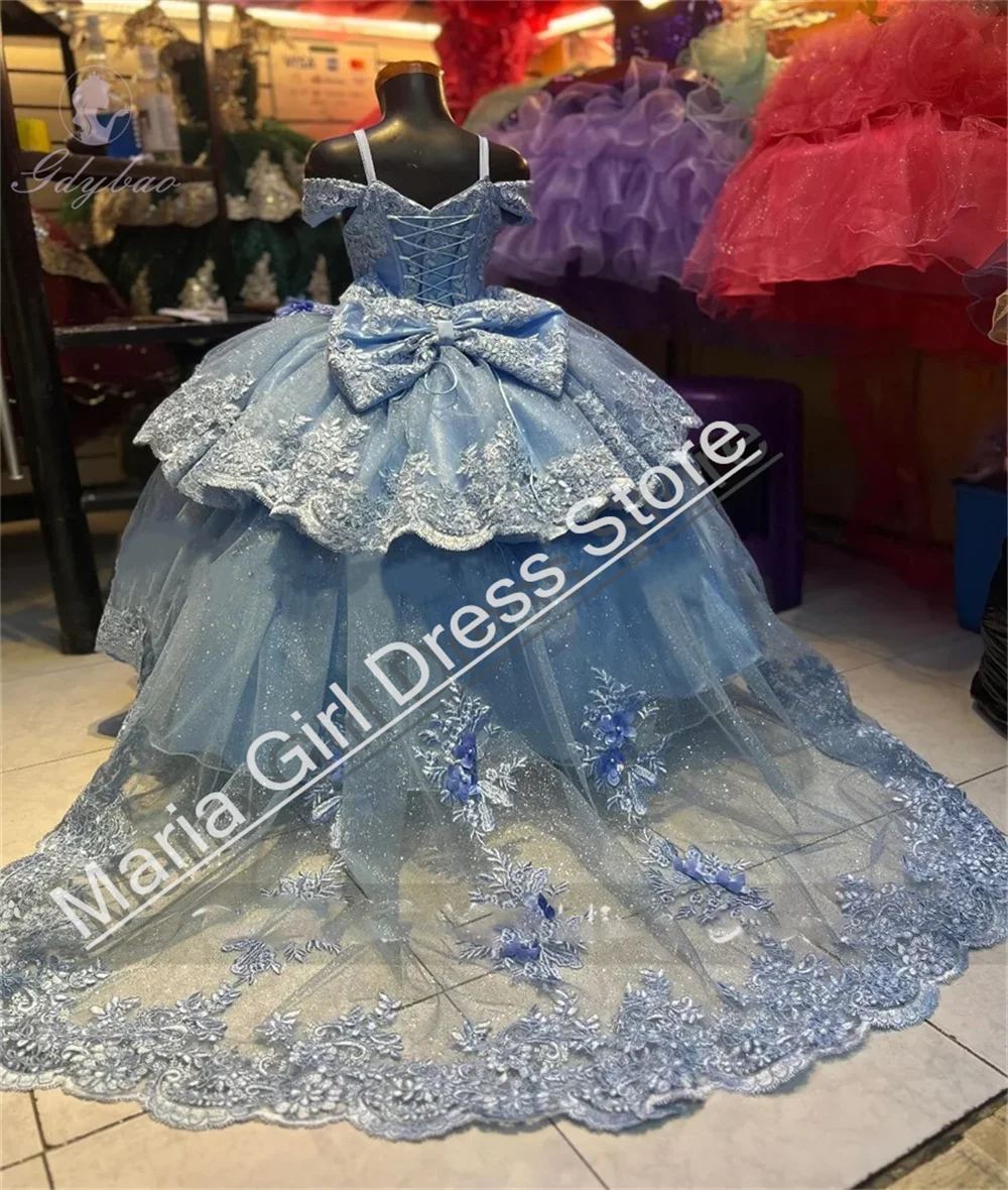 Light Blue Flower Girls Dress Lace Appliqu&eacute; Fluffy Tulle For Little Girl Costumes First Communion Prom Wedding Gown flower girl dresses