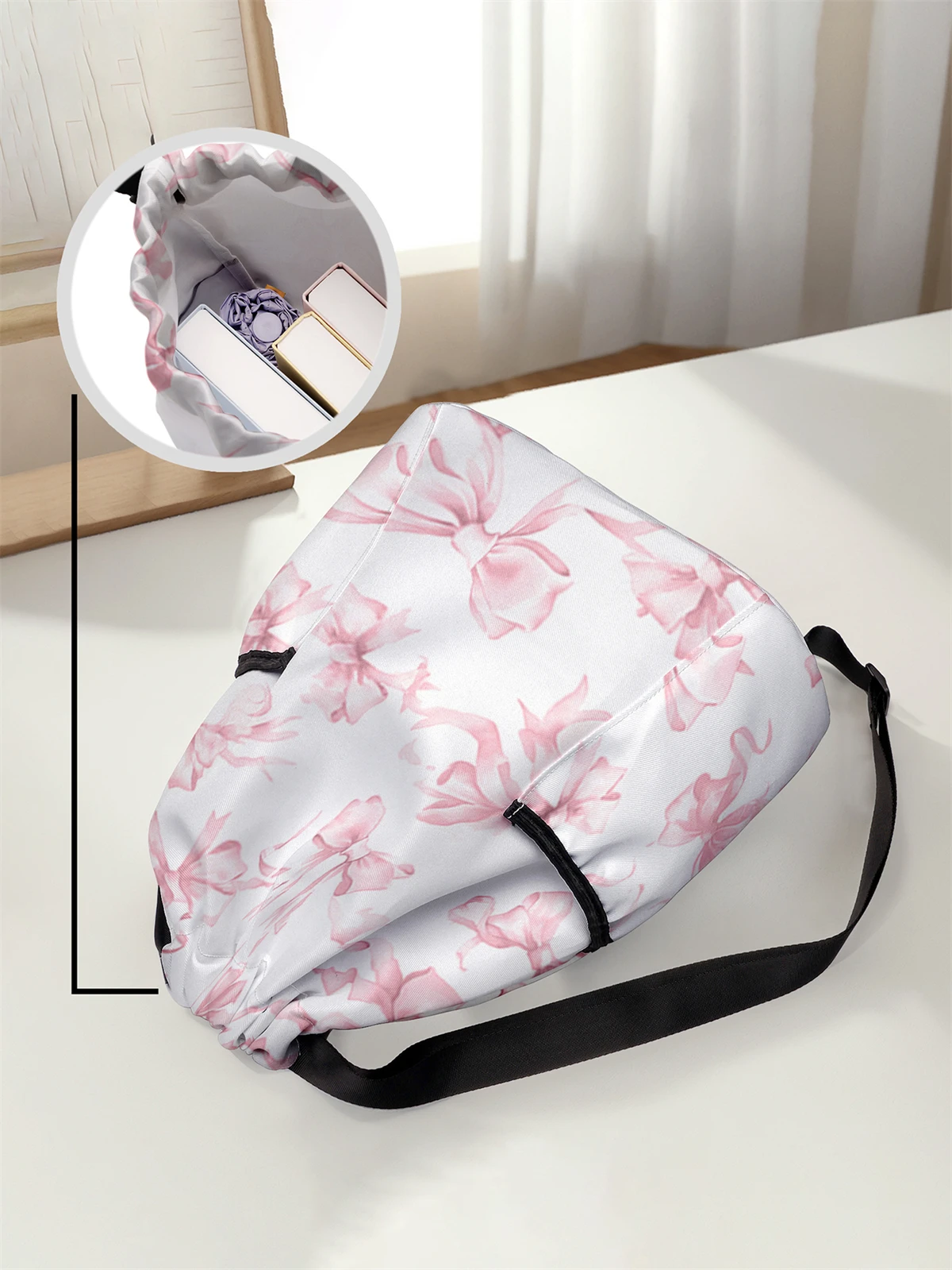 Bow Pattern Drawstring Backpack - Large Capacity Durable Fitness Bag, Adjustable Shoulder Straps, Sports Beach Backpack
