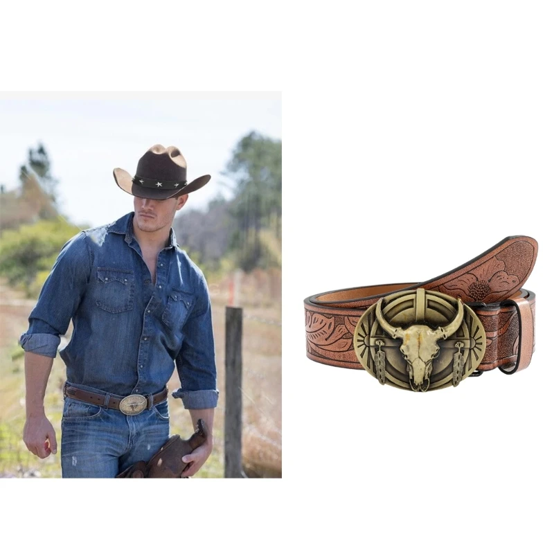 Фото Мужской ремень WesternStyle для брюк с гравировкой, поясной ремень, мужские аксессуары, Прямая поставка №2