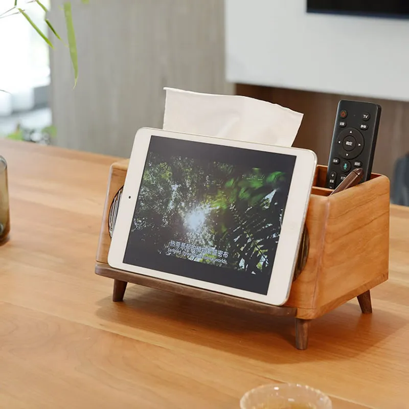 

Multifunctional Wooden Tissue Box With Phone Holder, Living Room Desktop Organization And Storage,Home Decoration Idea