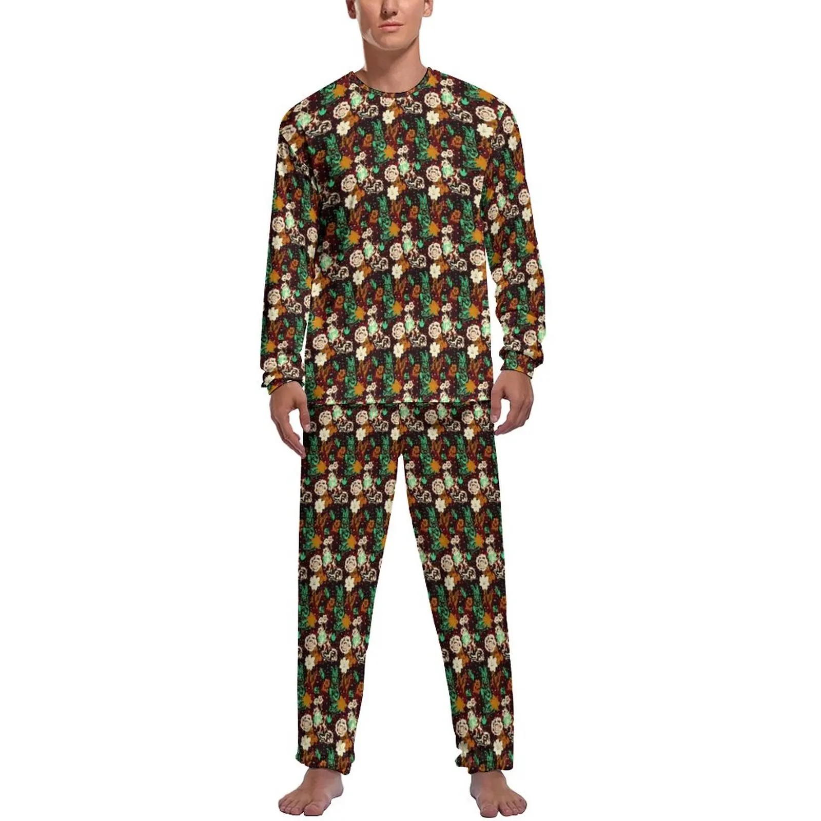 

Garden Rabbit Pajamas Spring 2 Piece Vintage Flowers Trendy Pajamas Set Man Long-Sleeve Leisure Pattern Sleepwear