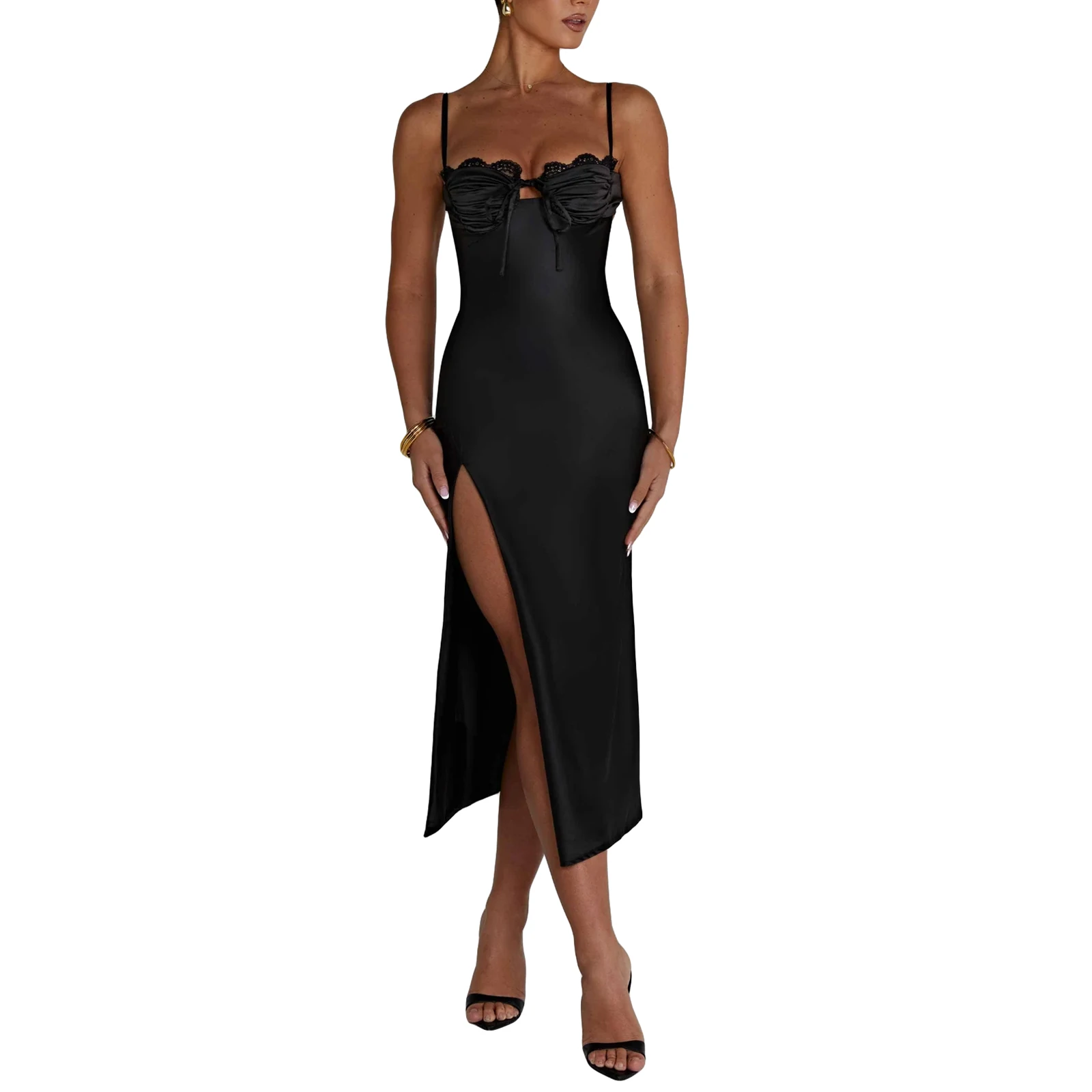 

Women's Sexy Bodycon Long Dress Spaghetti Strap Lace Trim Ruched Bust High Split Evening Party Dress for Cocktail Wedding