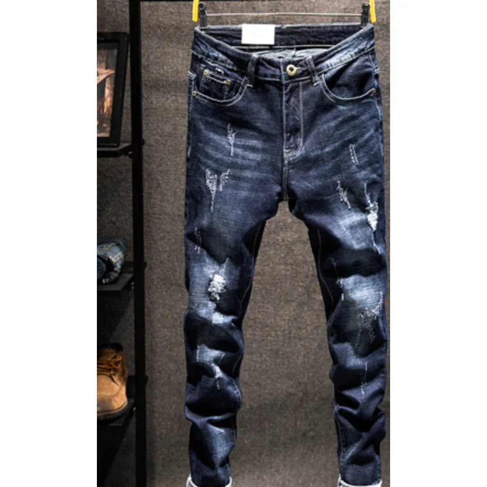 Calças jeans masculinas slim fit elásticas distressed tendência_voghion.com