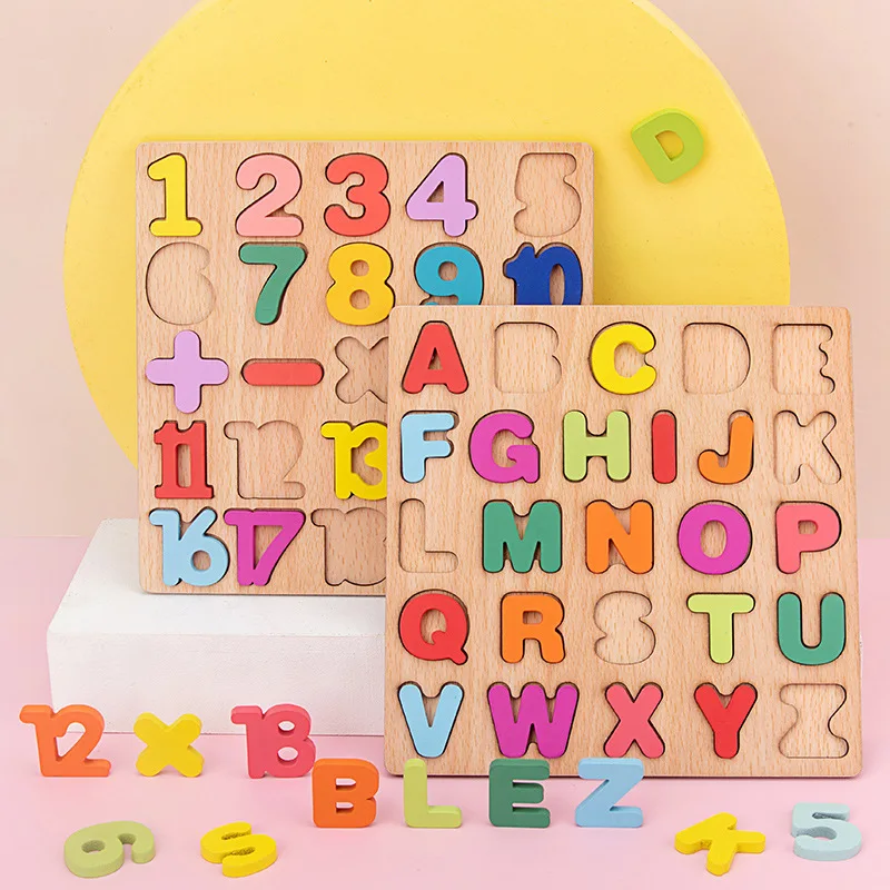 1 PC 20cm Wooden Board with Colorful Alphabet Number 3D Puzzle Kids Early Educational Toy Matching Letter Family Game