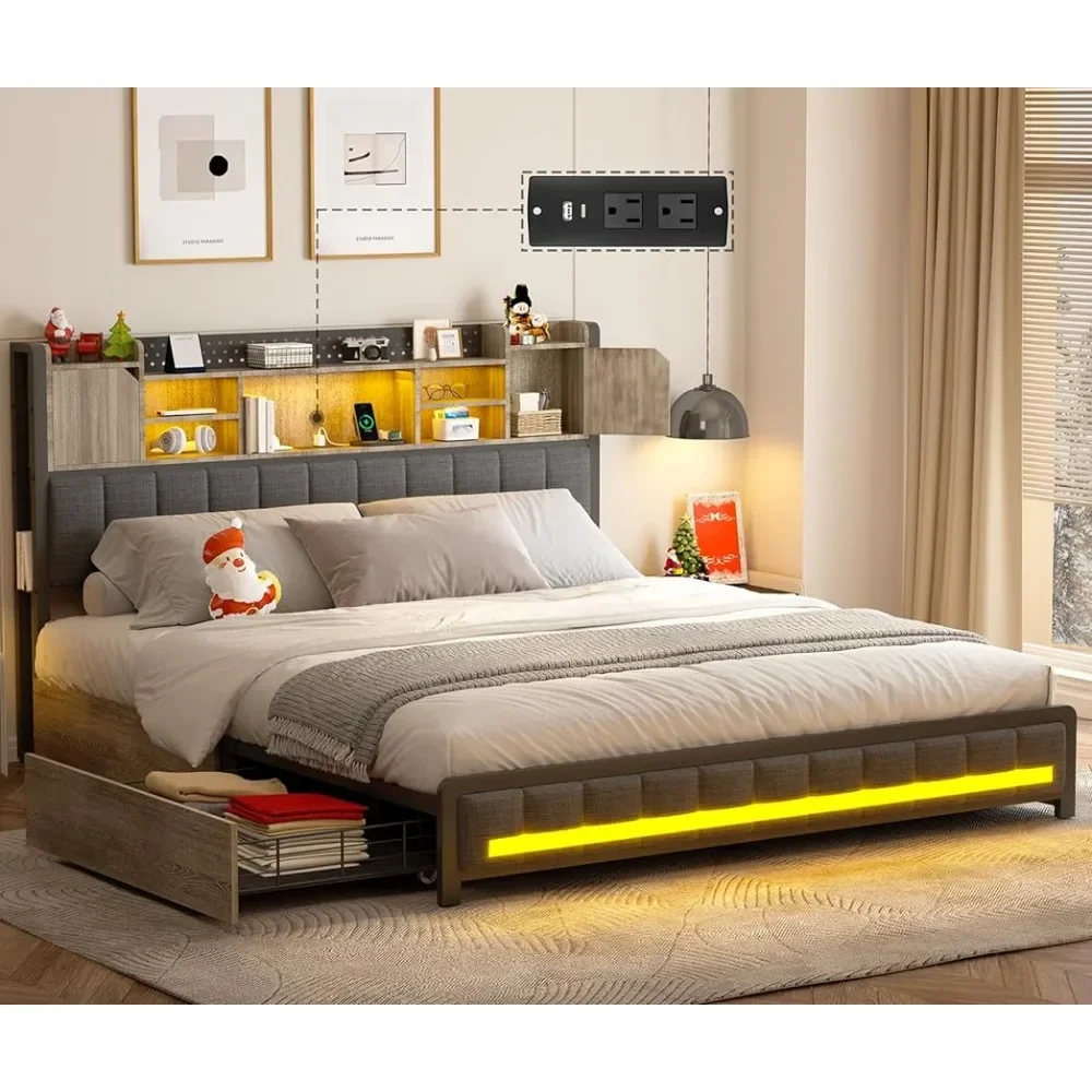 

Queen Bed Frame with 4 Storage Drawers and Bookcase Headboard, Upholstered LED Bed Frame Queen w/ Type-C & USB Charging Station