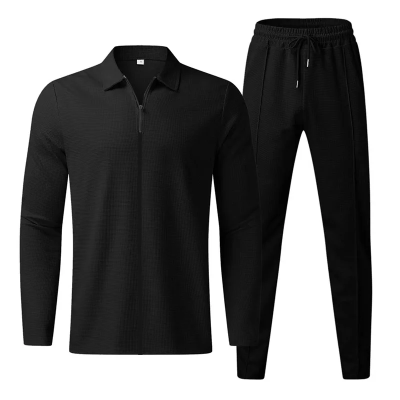 Men's Waffle Long Sleeve Stitching Lapel Fashion Casual Zipper Cardigan Casual Sports Suit
