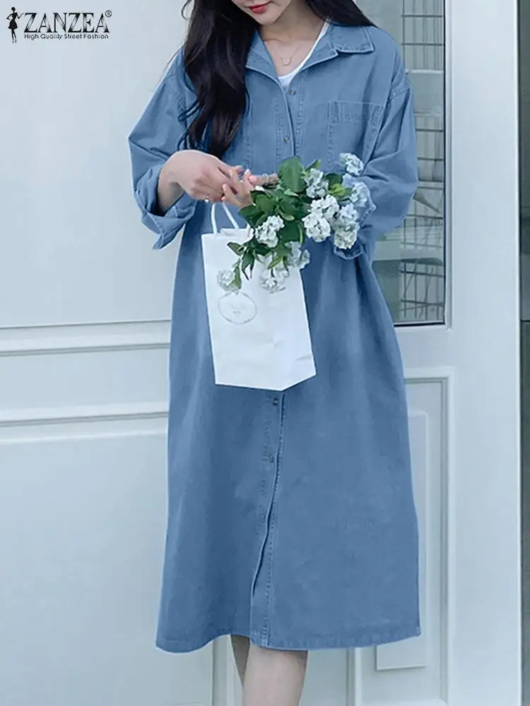 

ZANZEA Stylish Women Denim Blue Sundress Casual Loose Midi Party Dress Robe Autumn Elegant Lapel Neck Long Sleeve Shirtdress