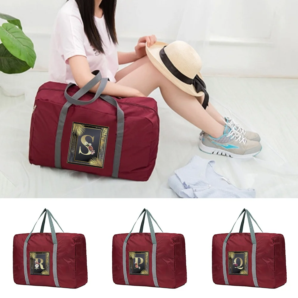 

Luggage Handbags Large Capacity Organizers Foldable Clothes Storage Golden Letter Serie Print Pattern Wine Red Duffle Carry Bags