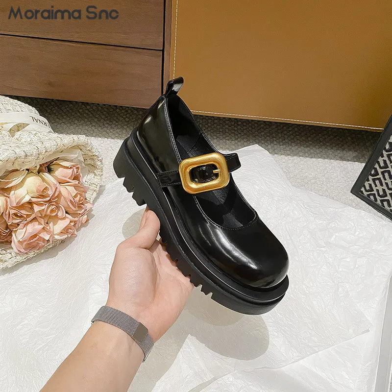 

Metal Square Buckle Mary Jane Shoes New Large-Toe Leather Platform Small Leather Shoes Round-Toe Shallow Mouth Woman's Pumps