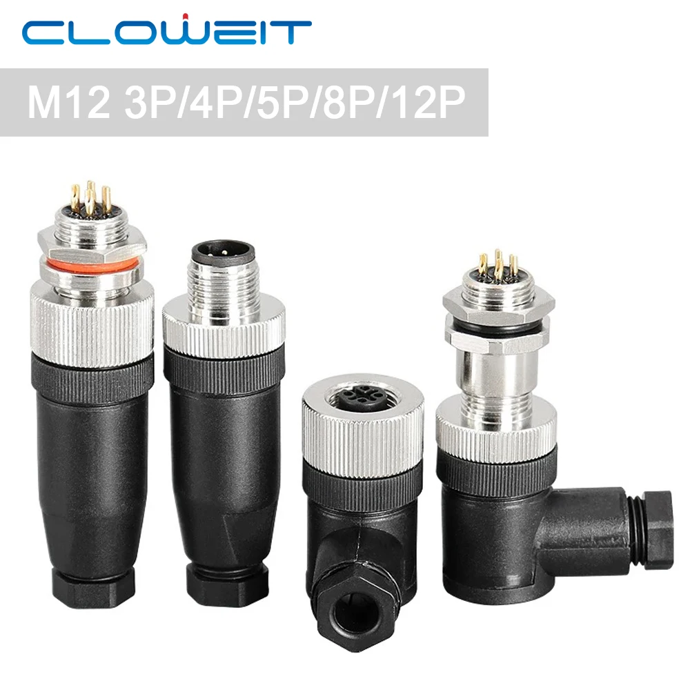 Cloweit IP67 M12 Sensor Connector Waterproof Male&Female Plug Screw Threaded Coupling  3 4 5 8 12 Pin A Type Angle Electrical