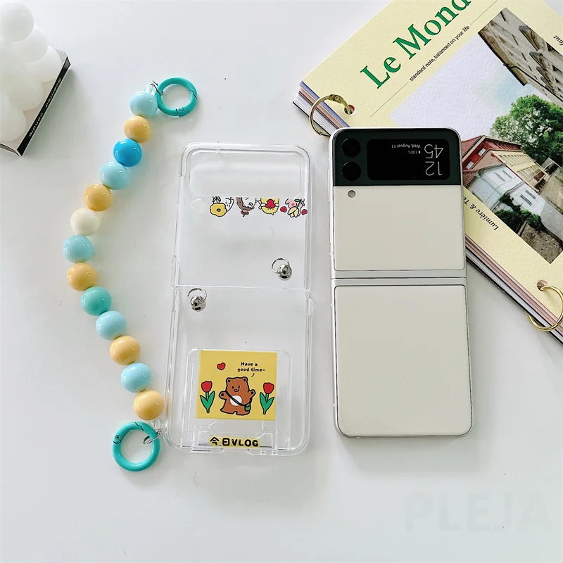 Korea Cartoon Phone Cases For Samsung Galaxy Z Flip 4 3 5G Cute Bracelet  Holder Clear Hard PC Cover Case For Samsung Z Flip 1 2 - AliExpress