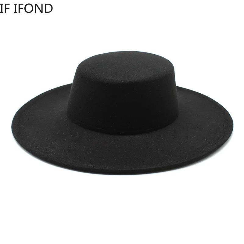 

French Women's Hat Big Wide Brim 10CM Fedora Hat Winter Wool Derby Wedding Jazz Hats Flat Top Felt Hat