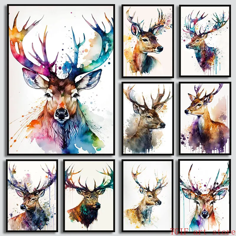 

Pop Art Watercolor Animals Deer Posters Art Prints for Kids Room Canvas Paintings Art Wall Graffiti Colorful Deer Home Decor