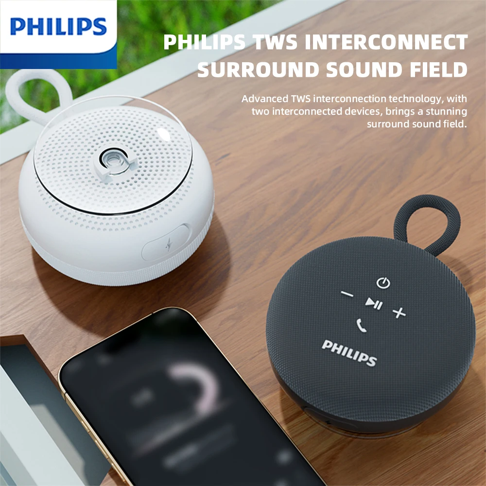 Philips TAS1120 Mini Bluetooth Speacker Portable Bathroom Waterproof Indoor 800mAh Wireless Subwoofer Suction Cup Lanyard