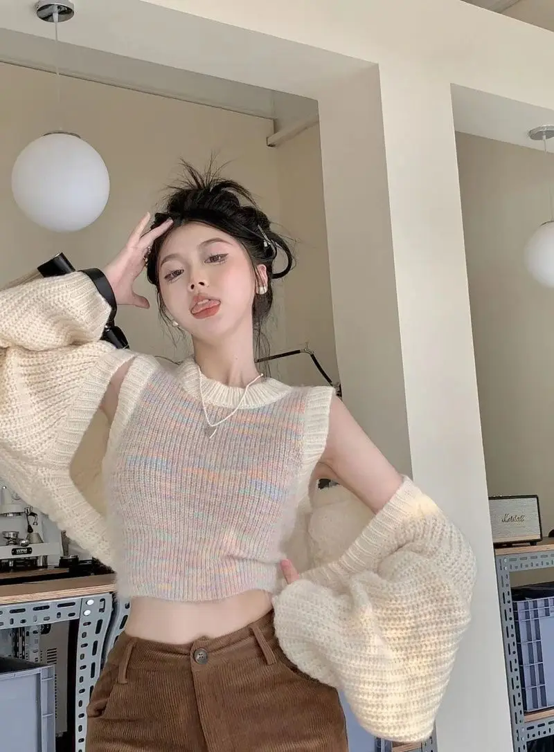 All Match Knit Two Pieces Set Cropped Cardigan + Sleeveless