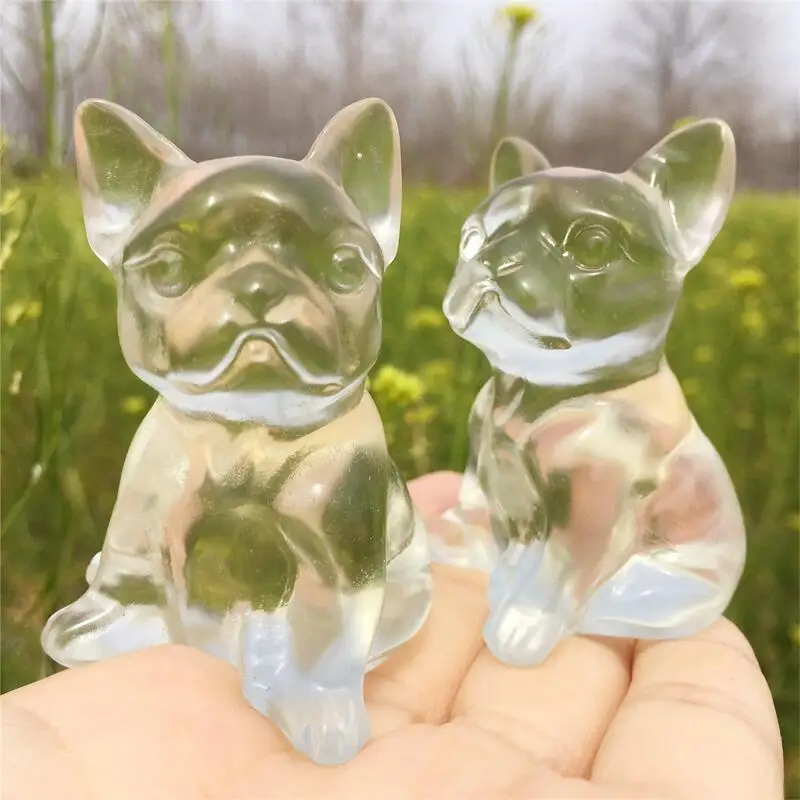 Natural Clear Glass French Bulldog Hand-carved Cartoon Crystal Healing Stone Home Decor Creative Christmas Gifts For Kids 1pcs 5