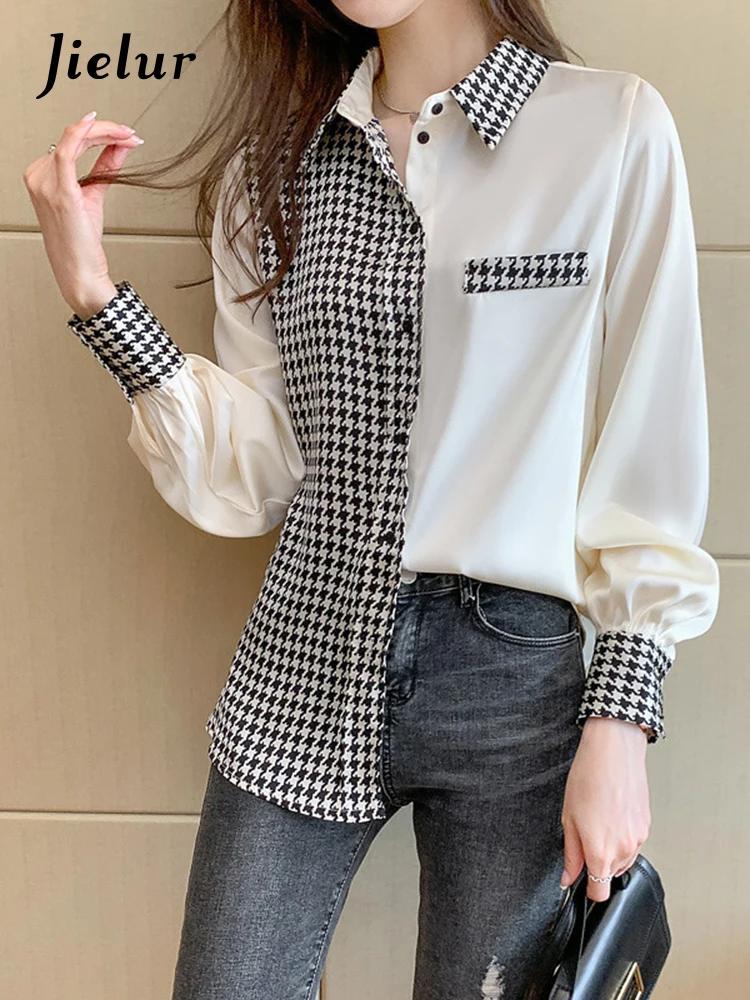 

Jielur Plaid Patchwork Satin Shirt Women 2022 Spring Vintage Blouse Long Sleeve Fashion Tops