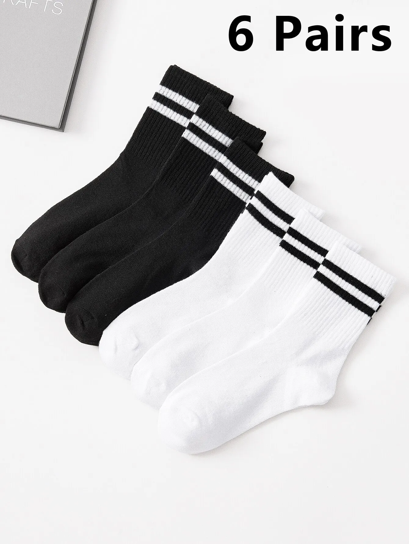 Middle Tube Socks 6/12 Pairs High Tube Mid Length For Men Solid Black And White With Parallel Bars Sweat Absorption