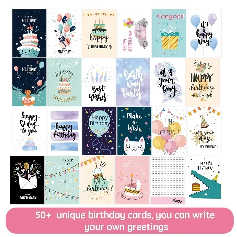 50 개/대 생일 축하 카드 봉투와 스티커가 포함 된 모듬 인사말 카드 어린이를위한 접힌 선물 카드 성인 파티 용품