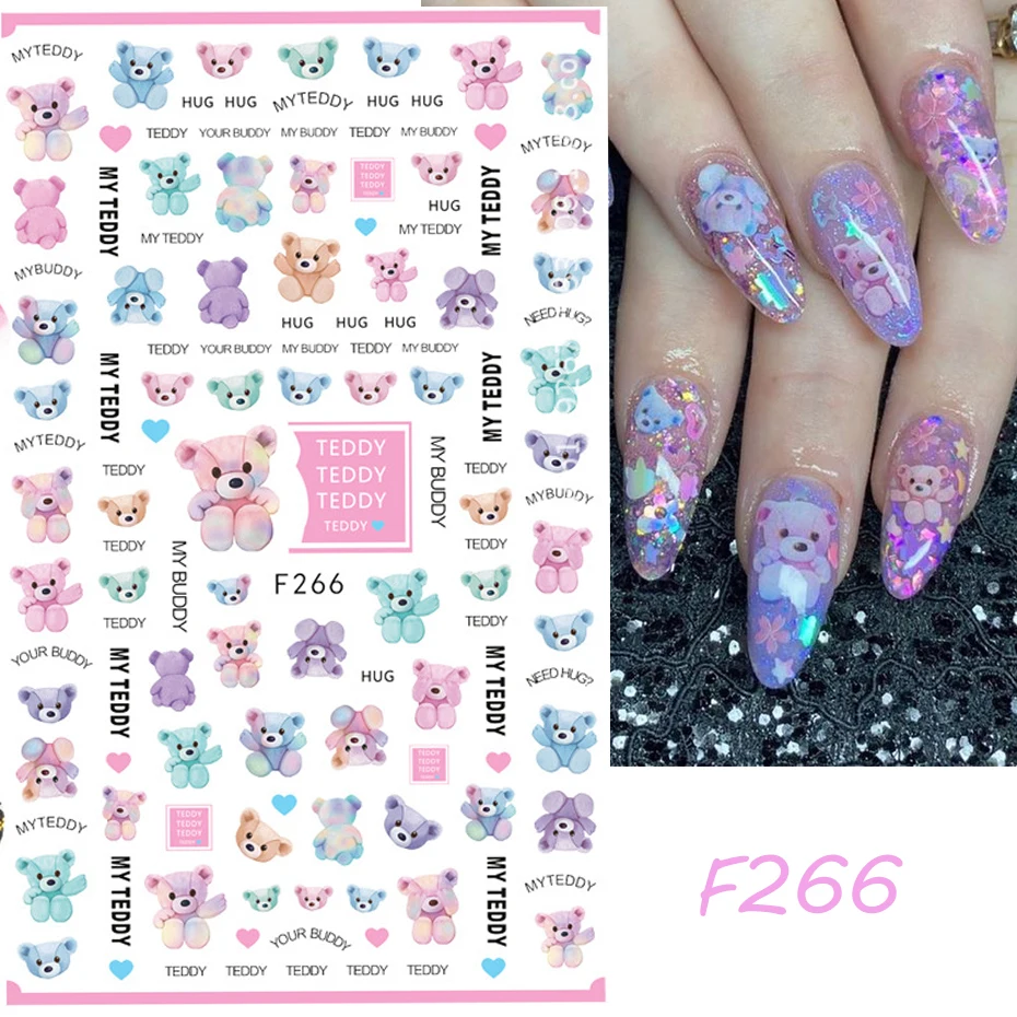 3D Kawaii Teddy Bear Nail Art Sticker Cartoon Self-adhesive Decal Cute Fantasy Design Sliders Manicure Decoration Accessories 2